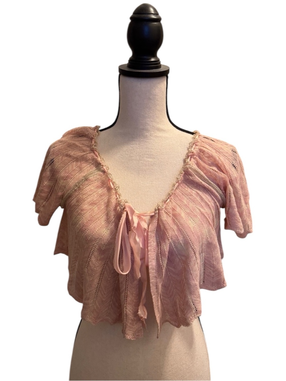 Rebecca Taylor Vintage Blush Pink Crochet Tie-Front Shrug